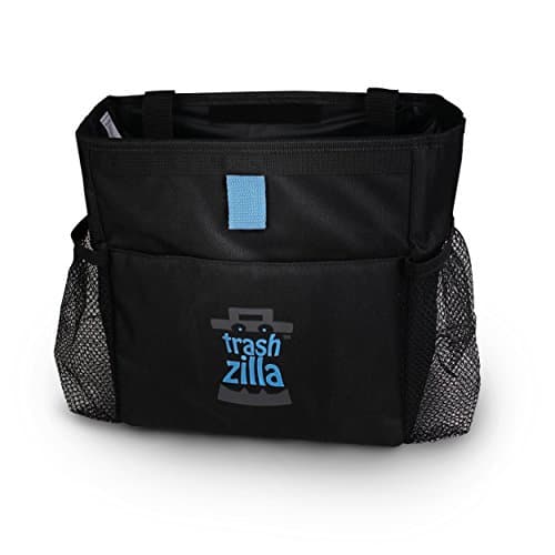 TrashZilla Hanging Car Trash Can - Backseat Organizer & Auto Trash Bag - Large Front Pocket for iPads, Books, Brushes & Small Toys + 2X Bottle Holders - Sturdy Container Fits Any Car or SUV Headrest