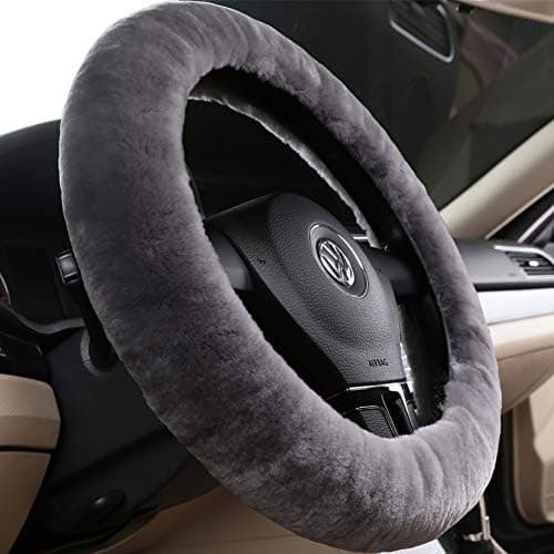OGLAND Real Fur Fuzzy Wool Sheepskin car Steering Wheel Cover for Women and Men,Protector for Universal Steering Wheel 35CM-42CM, Anti-Slip,Comforting and Luxurious, Soft Texture Gray OG-SWC02