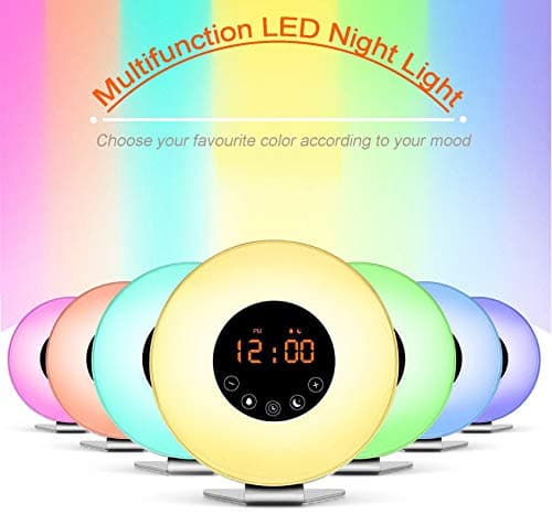 Aipker Wake Up Light, Sunrise Alarm Clock with FM Radio Snooze Function 7 Colors LED Bedside Lamp Night Light Nature Sounds for Heavy Sleeper Children Kids