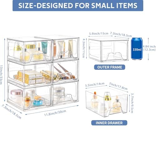 Homaigie 6 Pack Stackable Storage Drawers, Acrylic Bathroom Makeup Organizer and Storage,Clear Plastic Pull Out Drawers for Vanity, Undersink, Kitchen Cabinet, Pantry Organization and Storage