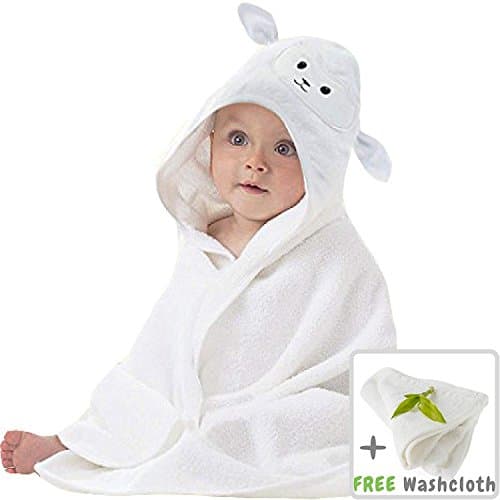 Organic Bamboo Baby Hooded Towel with Bonus Washcloth | Ultra Soft and Super Absorbent Toddler Hooded Bath Towel with Cute Lamb Face Design | Great Infant/Newborn Shower Present | Gender Neutral