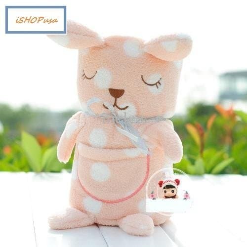 My First Nap Time Buddies Cartoon Animal Coral Fleece Baby Blanket That Turns To Cute Cuddly Bear or Bunny When Rolled Up 41.3" x 31.5" (Peach Polka Dots Bunny)