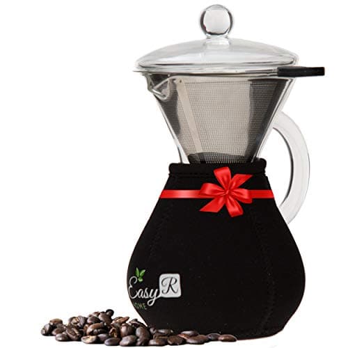 EasyR Home Pour Over Brewer – 14 oz / 400 ml Borosilicate Glass Personal Coffee Maker with Reusable Paperless Stainless Steel Filter/Dripper, Glass Lid and Free Carafe Warmer to Keep Coffee Hot
