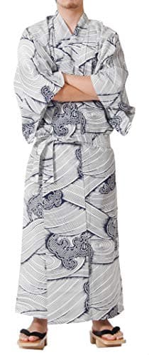 Tokyoin Traditional Made in Japan Cotton Yukata Robe (Japanese Pajama Kimono) Easy Wearing Unisex Design OBI Yukata set2 Navy & Wave 42 Small