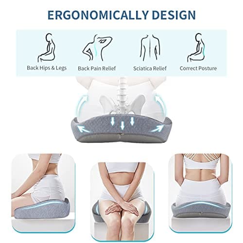 Large Seat Cushion 3D Full Wrap Office Chairs Cushions - Supportive Memory Foam Butt Pillow for Sciatica Pain Relief, Coccyx Seat Cushion for Tailbone Lower Back Pain for Home, Office and Car (Gray)
