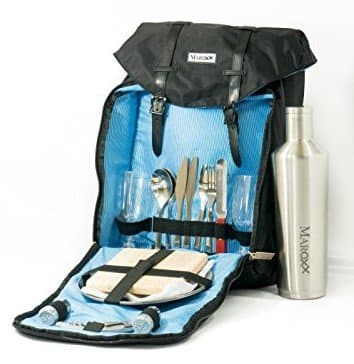 Maroxx Luxury Picnic Backpack for Two - Insulated Black Nylon with Stainless Steel Accessories - Great for Hiking, Travel, Wedding Gifts, Romantic Outings, Glamping and Beach