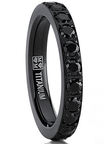 3MM Ladies Black Titanium Eternity Engagement Band, Wedding Ring with Black Pave Set Cubic Zirconia