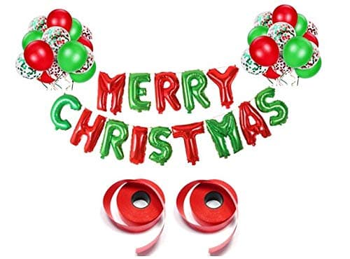 BeSquared Christmas Foil Balloon Set - 16in Merry Christmas Balloons (14 letters) | 12in Red/Green/Gold Confetti Balloons| 2pcs 5m Red Ribbon| 1 Straw