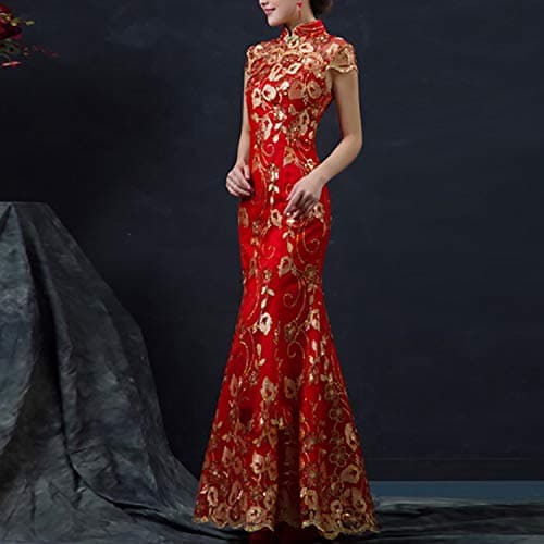 Jumpsuit 2 PCS Slim Fishtail Long Wedding Cheongsam Traditional Dress, Size:S(Red) (Color : Red)