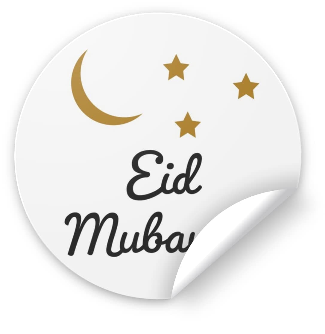 Twinkle Star Crescent Design | 2 X 2 inch |Eid Stickers | Circle | Self Adhesive | Set of 24 Use for Goodie Bags, Party Favors, Money Envelopes, Greeting Cards, Gift Bags,Gift Boxes, and Cookie Boxes