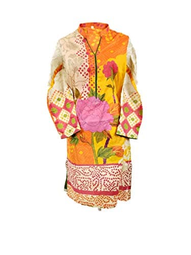 IshDeena Pakistani Designer Lawn & Chiffon Dresses for Women Ready to Wear Salwar Kameez (Small, Orange Yellow - Charizma Naranji)
