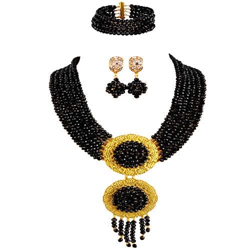 acuzv 6 Rows African Necklaces for Women Nigerian Beads Jewelry Set Wedding Bridal Party Jewelry Sets (Black)