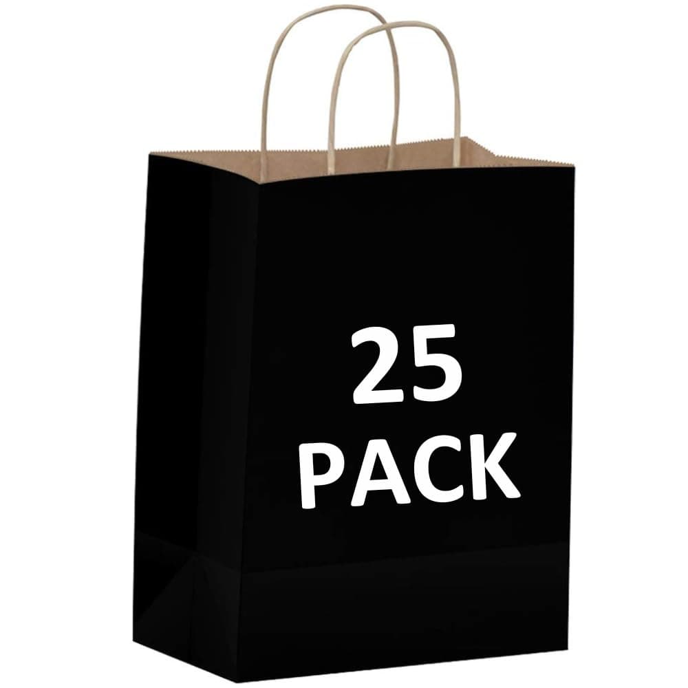 Qutuus Black Gift Bags with Handles - 25 Pcs 8"x4.5"x10" Black Paper Bags, Shopping Bags, Party Bags, Favor Bags, Goody Bags, Cub, Business Bags, Kraft Bags, Retail Bags, Paper Gift Bags