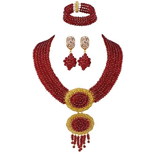 acuzv 6 Rows African Necklaces for Women Nigerian Beads Jewelry Set Wedding Bridal Party Jewelry Sets