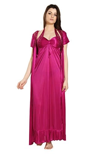 Romaisa Women's Satin Solid Maxi Length Nighty with Robe_Nightwear Set Pack of 2_Free Dark Magenta Free, One Size
