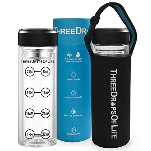 New 32 oz Double Wall Large Glass Water Bottle, Time Tracker Marks, Best Borosilicate Sport Bottles, Includes Neoprene Sleeve, Stainless Steel Lid and Strainer - No Sweat Hydration for Home, Office