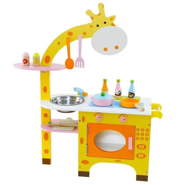JOUETS BY EDUSPARK Wooden Giraffe Kitchen Play Set with Utensils, Stove & Sink | Boys & Girls | Montessori-style, Interactive, Educational Wooden Kitchen Accessories