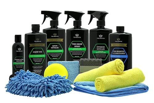 Car Wash Kit Complete Detailing Supplies for Cleaning. Soap, Wax, Tire Shine, Trim Restorer, Wash Mitt, Applicator, Microfiber Towel, Best Value to care for truck. TriNova.