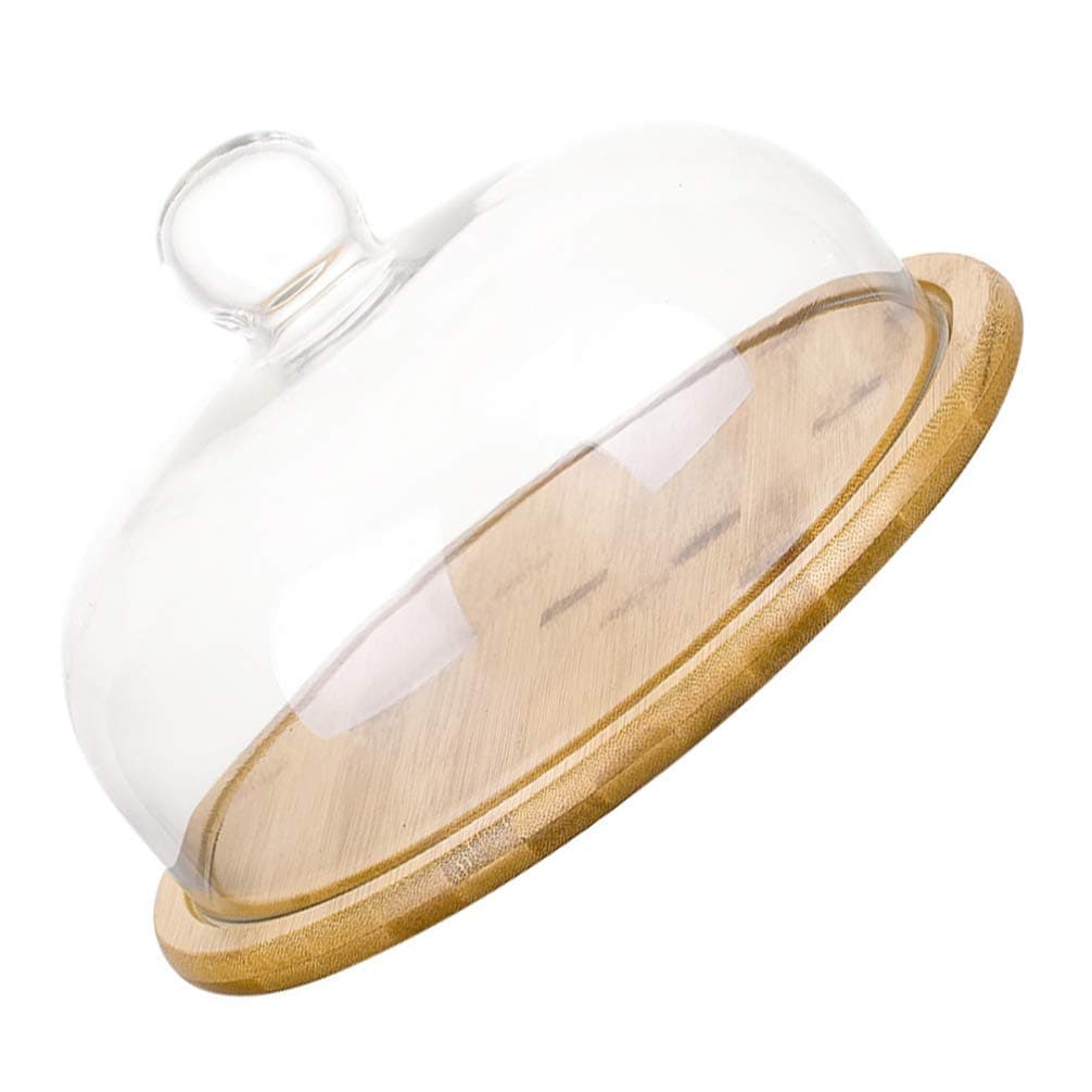 TOPBATHY Cake Stand Cover with Wooden Tray Glass Desert Cloche Plate Cake Cover Dome Round Display Cake Snack Plate Serving Platter 29. 5cm
