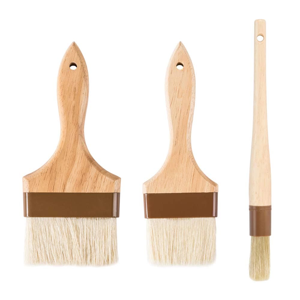 3-Piece Pastry Brush Set, 3-Inch and 4-Inch Flat Wide plus 1-Inch Round Brushes with Boar Bristles, Lacquered Hardwood Handle, Grill, BBQ Sauce Baster Baking Cooking Marinade Brushes
