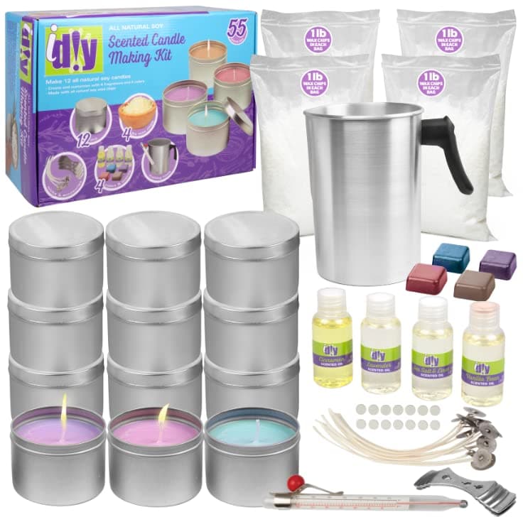 iDIY Scented Candle Making Supplies Kit (Large 55 Piece Set) -Includes 4 lb All Natural Soy Wax Chips, 12 Tins, Scents, Coloring, Wicks, Thermometer, Pouring Pot, TWICE as MANY CANDLES AS LEADING Kit