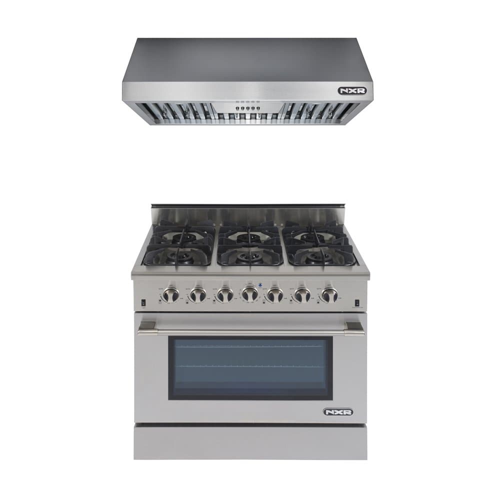 NXR DRGB3602BD 36" Professional Style Gas Range with Range Hood, Stainless Steel