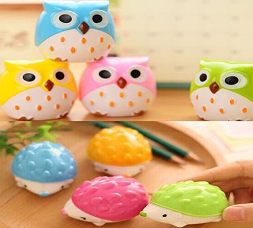 Set of 4 Cute Kawaii Novelty Funny Animal Hedgehog and Owl Shape Pencil Sharpeners For Kids School,Two Hole