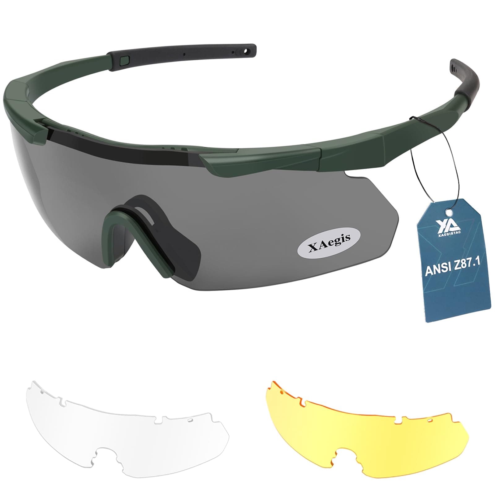 Xaegistac Tactical Eyewear 3 Interchangeable Lenses Outdoor Unisex Shooting Glasses (Green Frame)
