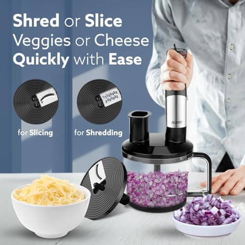 AGARO Grand Plus 6 in 1 Hand Blender 1000 Watts, 100% Copper Motor, 2 Variable Speed Modes & Speed Regulator, Stainless Steel Blades, Chopper,Whisker,Multipurpose Jar, frother, slicer, shredder, Black