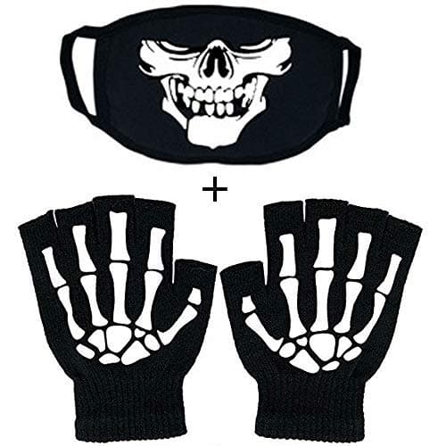 stylish14 Fingerless Skeleton Gloves and Mouth Mask Glow in Dark Unisex Warmer Riding Knit Gloves Skull Mask Set Black