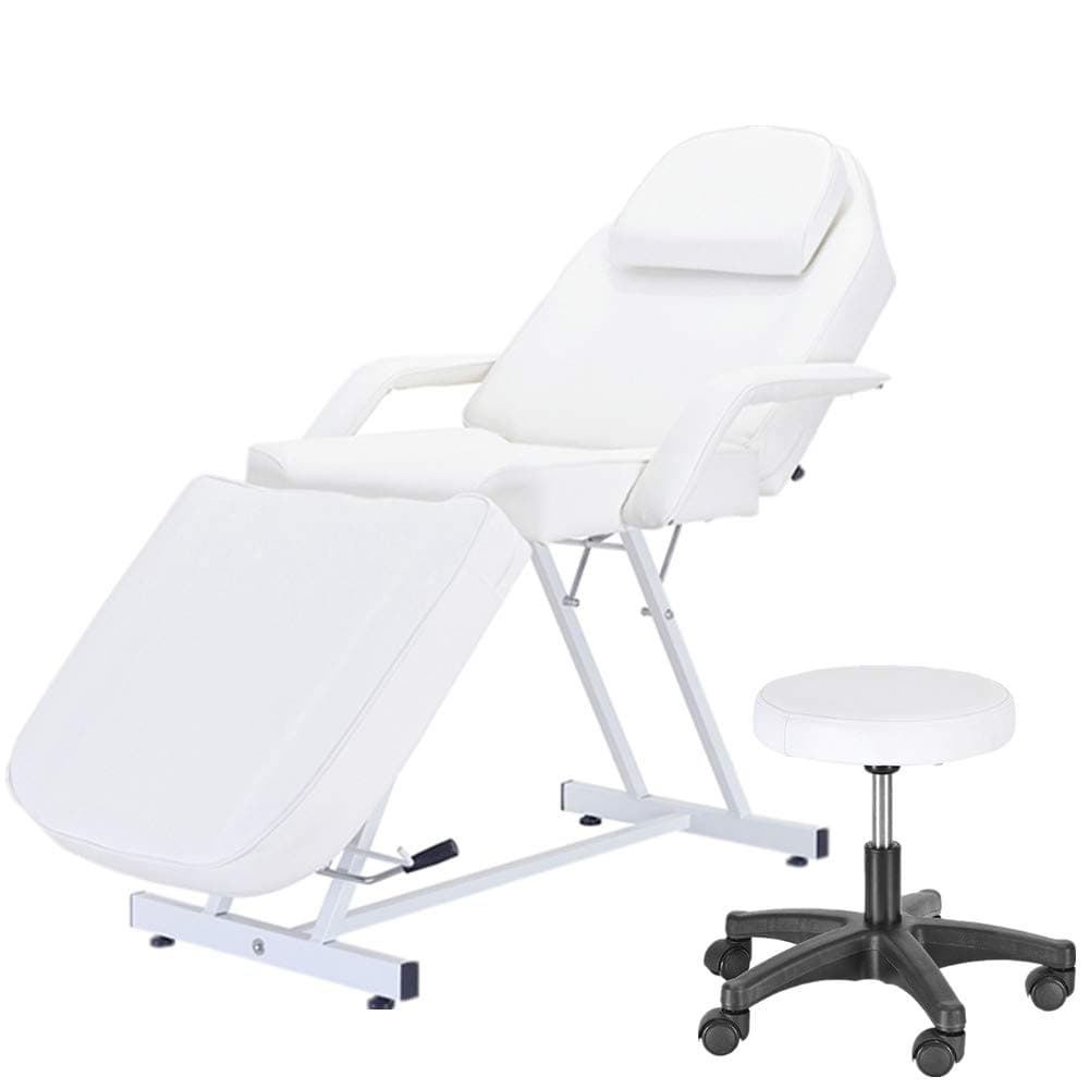 Panana Balance Massage Bed Table Adjustable Reclining Beauty Salon Chair Tattoo Spa Facial Couch Bed with Stool (White)