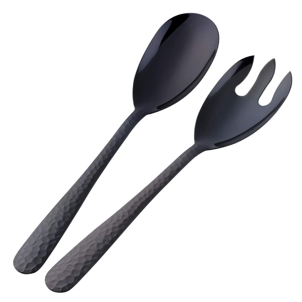 Salad Spoon and Fork Set, 12 Inch Stainless Steel Salad Server, Black Serving Utensils, Dishwasher Safe, Pack of 2
