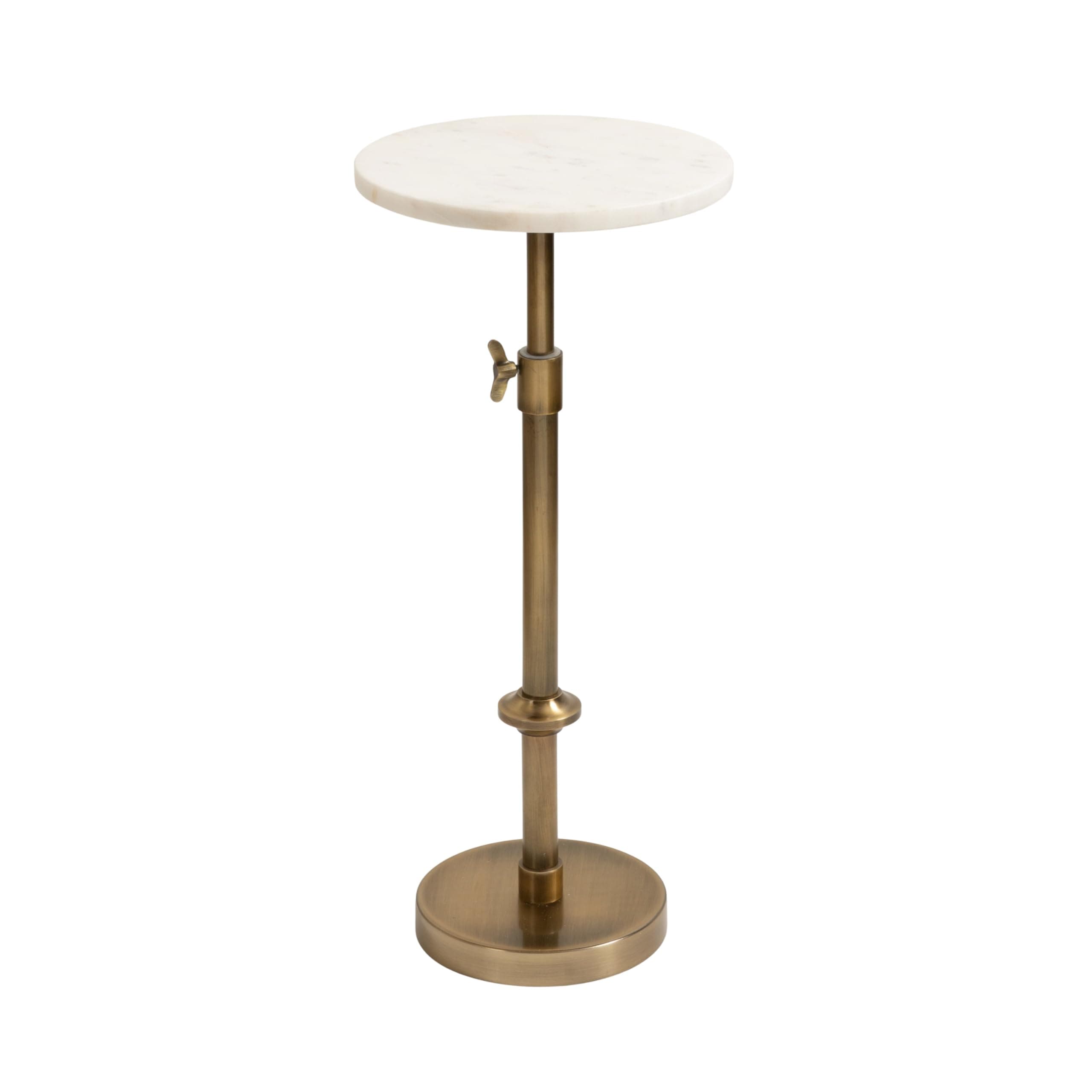 Engles Traditional Adjustable-Height Pedestal Drink Table, 10 x 10 x 30, White Marble and Antique Brass, Vintage Round Indoor Metal Plant Stand with Authentic Marble Tabletop