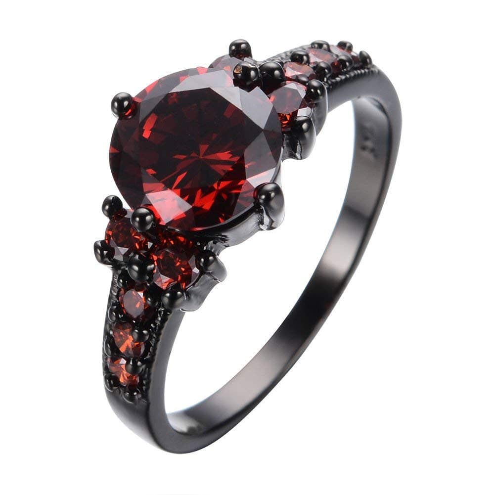 Yuren Vintage Ruby Red Garnet Wedding Promise Band Ring 10KT Black Gold Filled Size 6-10 (Size 9)