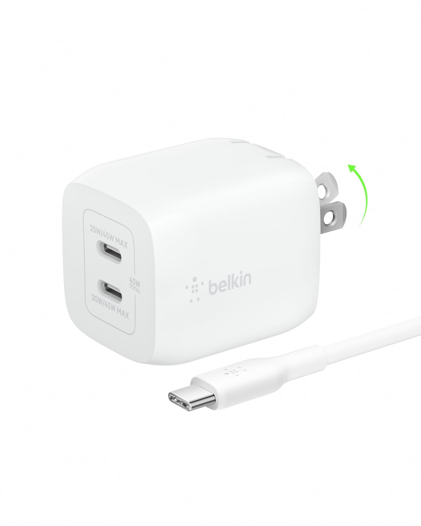Belkin BoostCharge Pro 45W Dual USB-C GaN Wall Charger, Multi-Port Charger w/ 2X USB-C PD 3.0 Fast Charge Ports for MacBook, iPhone, iPad, Galaxy, Google Pixel, & More + USB-C to USB-C Cable - White