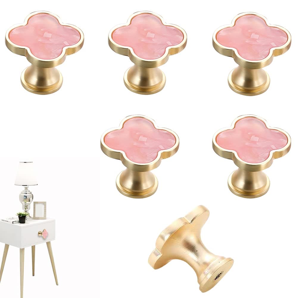 6 Pcs Clover Knobs Dresser Cabinets Kitchen Cupboard Pulls Drawer Wardrobe Shoe Cabinet Jewelry Box Pulls Furniture Coffee Table Single Hole Door Handles(Pink)