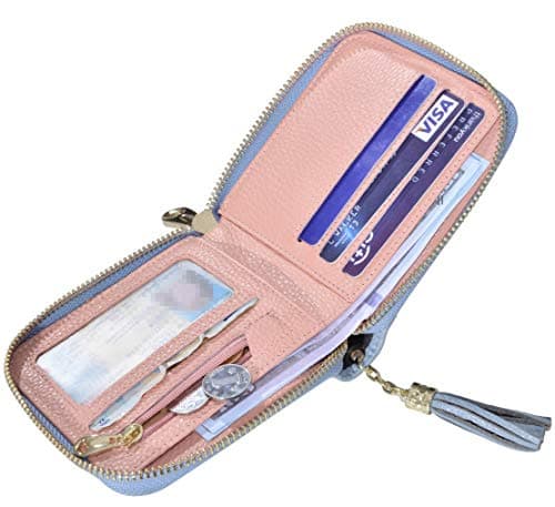 Beurlike Women's RFID Security Leather Wallets Compact Small Zip Around Wallet (Blue)