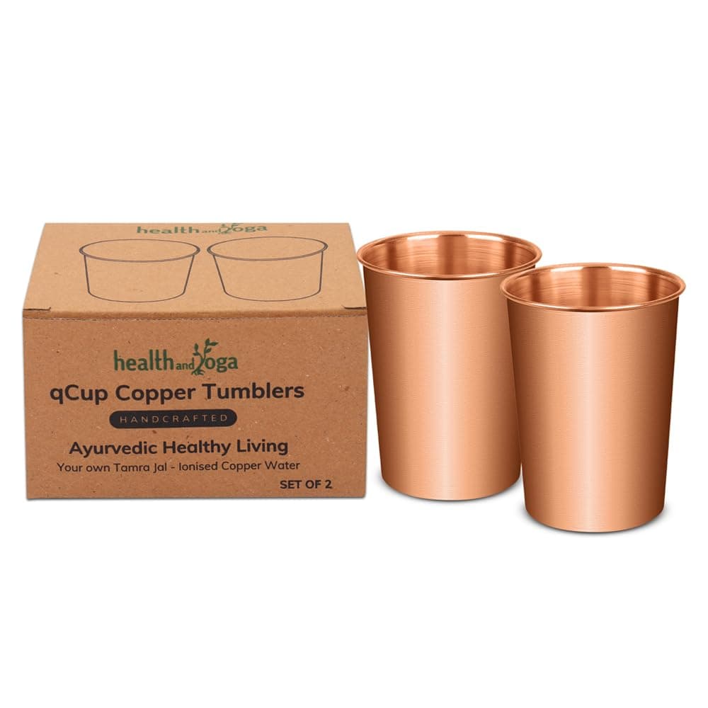 SoulGenie HealthAndYoga™ qCup Pure Copper Tumblers for Drinking - Ayurvedic Health Pure Copper Cups – 2 pcs. set - 250 ml.(8 fl oz) (Plain)