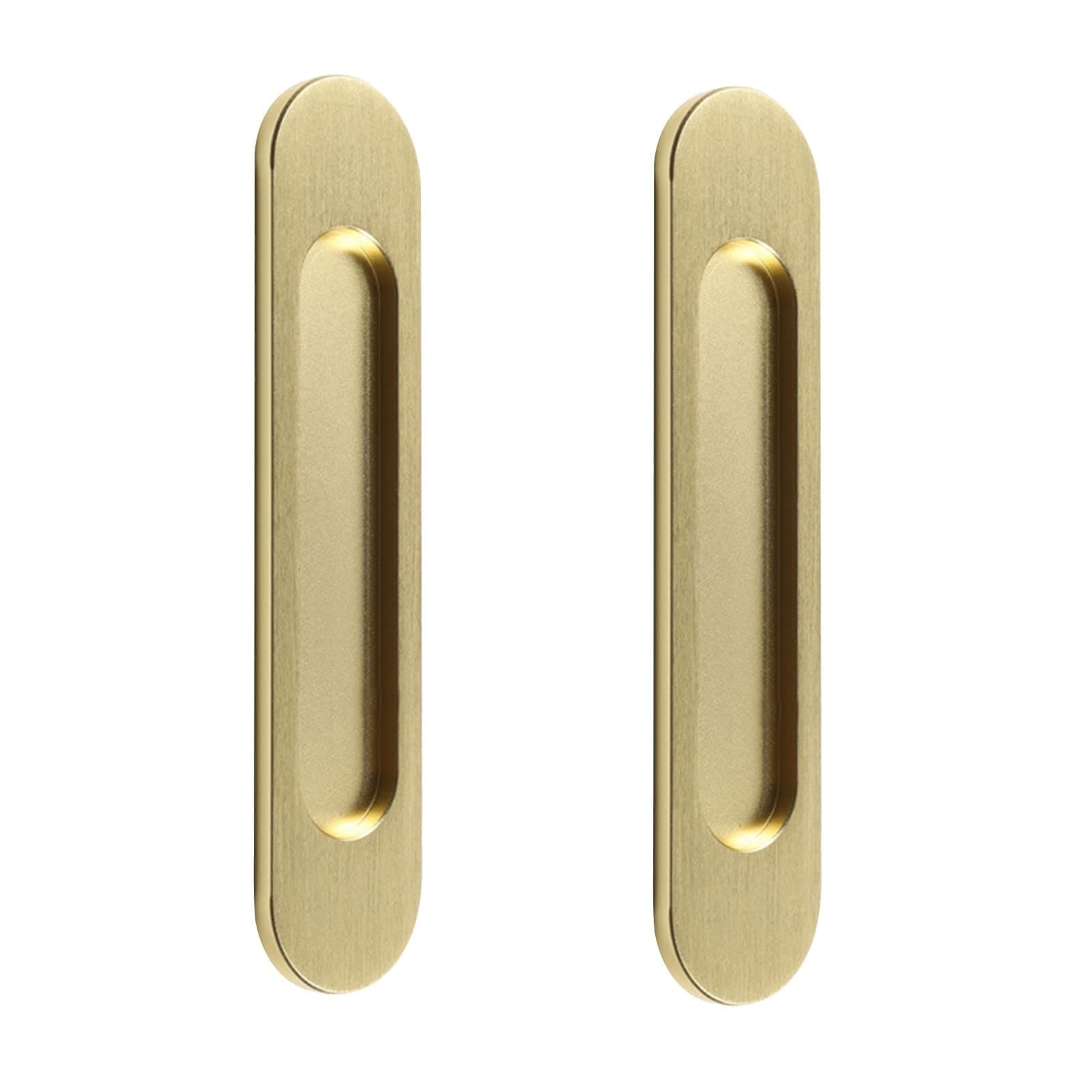 MAKINGTEC Self-Stick Oval Sliding Door Pulls, 2pcs Matte Gold Aluminum Alloy Flush Pull Punch-Free Handle for Sliding Barn Door Windows Cabinets