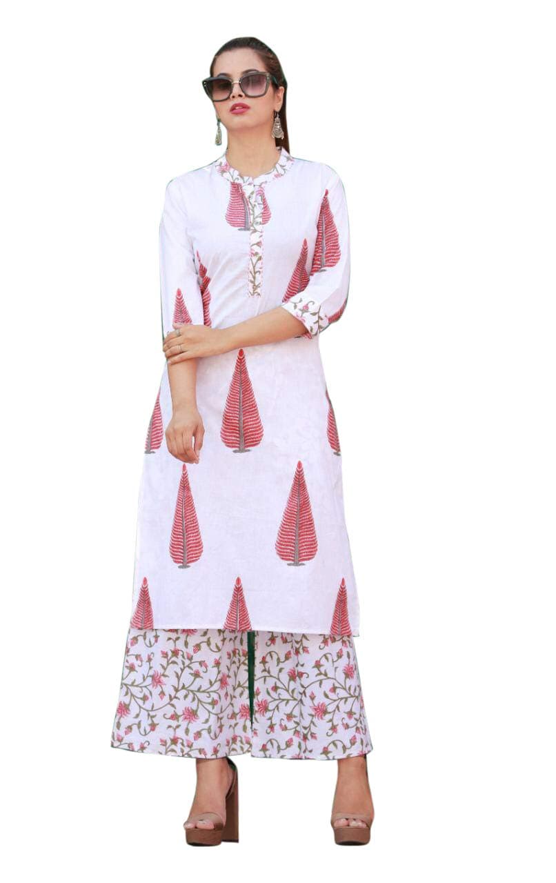 AESTHETIC PARADIGM™ Women's Cotton White Pink Color Kurti with Palazzo Pant Set for Women's and Girls
