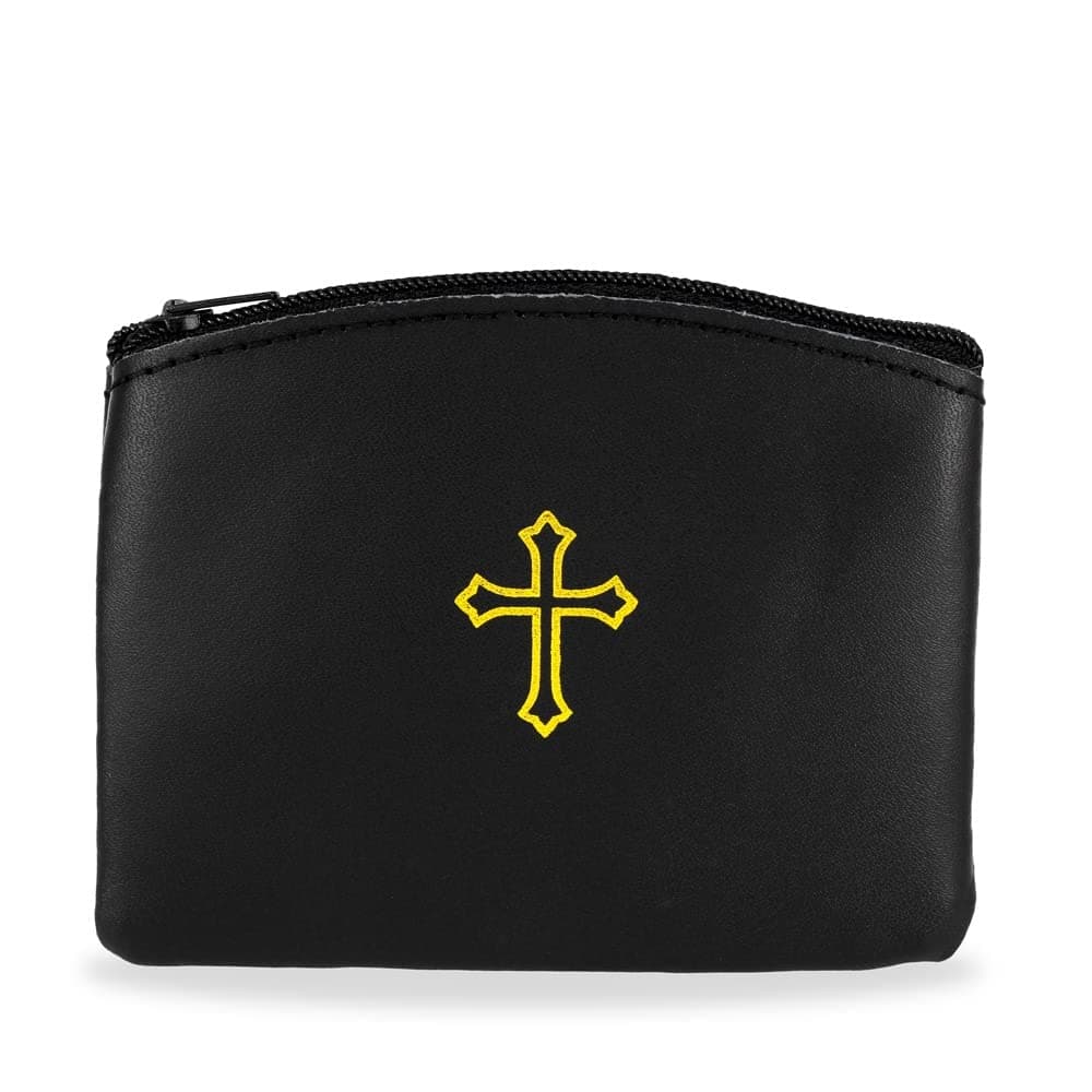 Genuine Leather Rosary Pouch with Zipper and Cross Imprint - Rosary Beads Holder Case for Men and Women, 4 x 3 1/2 inches, Leather, no gemstone