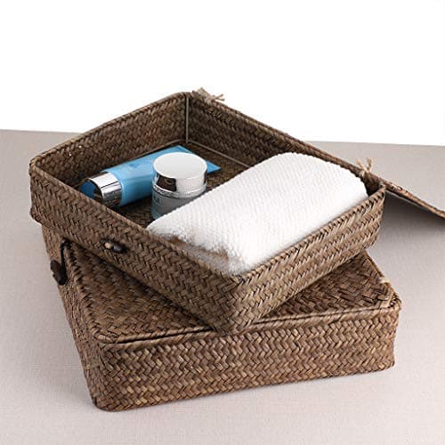 Hipiwe Flat Woven Wicker Storage Bin with Lid, Natural Seagrass Basket for Multipurpose Home Box Shelf Organizer (Coffee), Set of 2