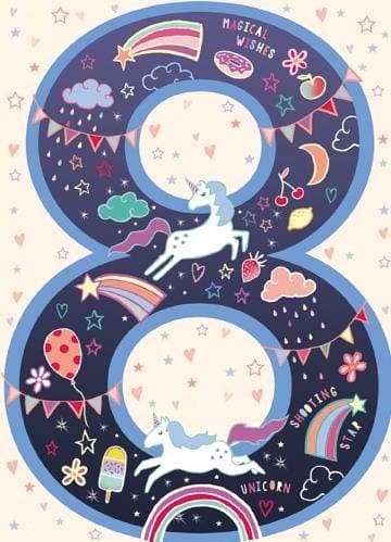Greeting Card (GBCC0960) Female Birthday - Age 8 - Unicorns and Rainbows - Flitter Finish