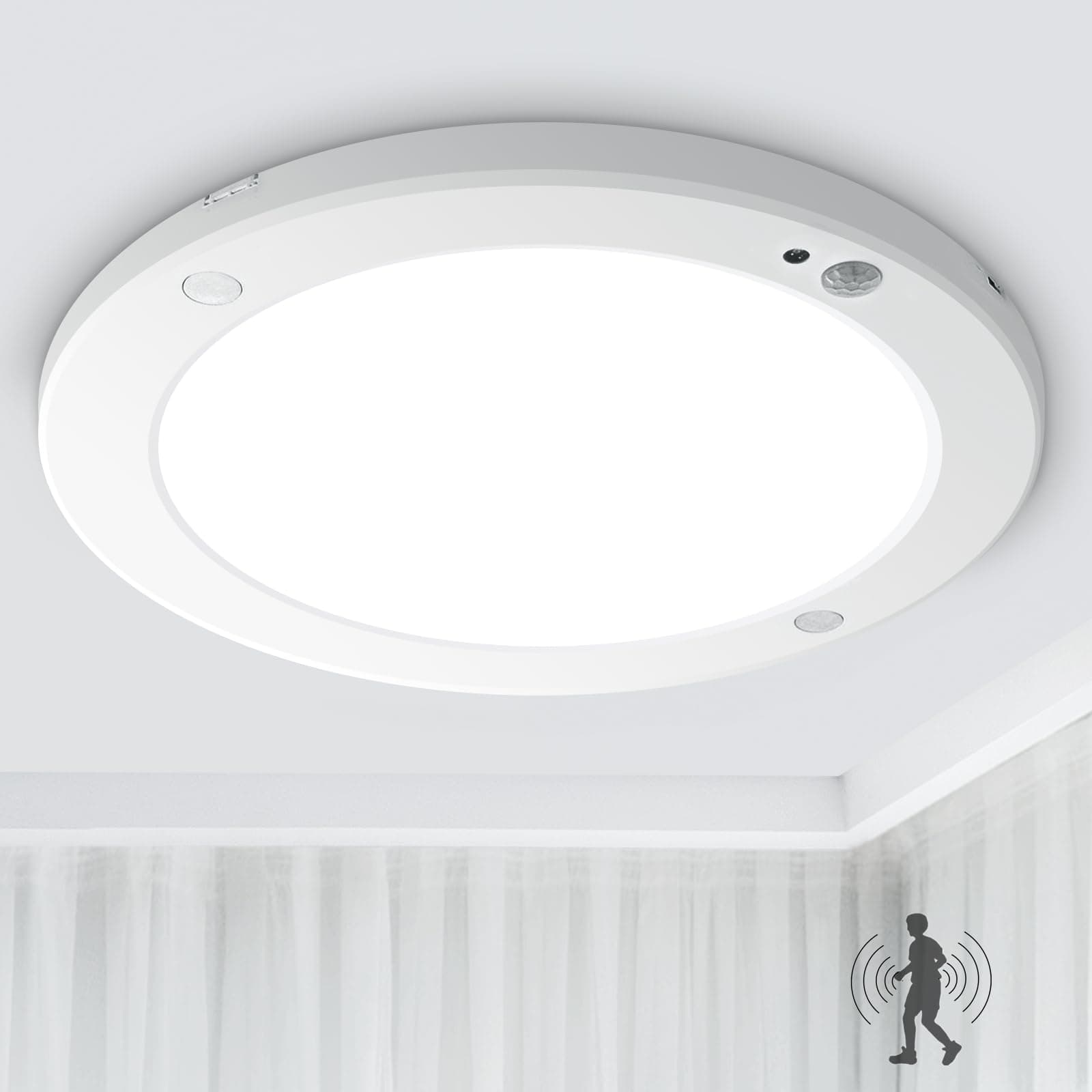 18W LED Ceiling Light with PIR Motion Sensor and Twilight Sensor, Ultra Slim Round LED Panel 240V Cool White 1800lm for Porch, Hallway, Stair, Bedroom