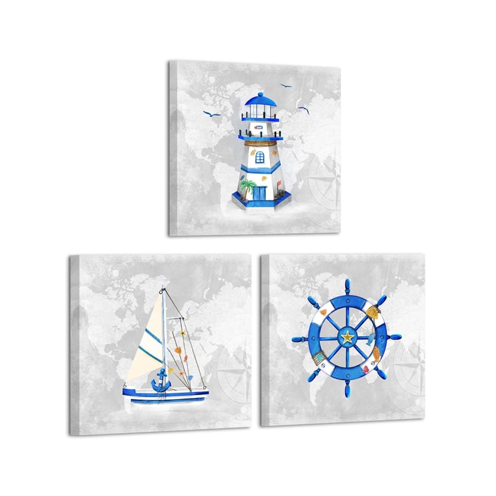 VVOVV Wall Decor Blue and Grey Coastal Wall Art Lighthouse Sailboat Painting Picture Prints Nautical Bathroom Wall Decor Framed 12"x12"x3 Pieces