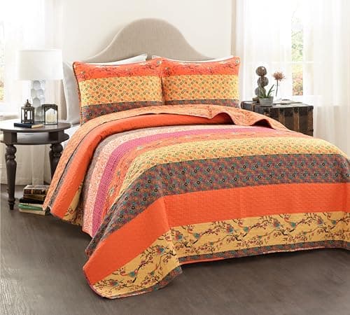 Lush Decor Royal Empire Reversible Cotton Quilt Set, 3 Piece Set King, Tangerine - Striped Bedding Set - Floral Quilt King Size - Orange Bedding - Boho Decor