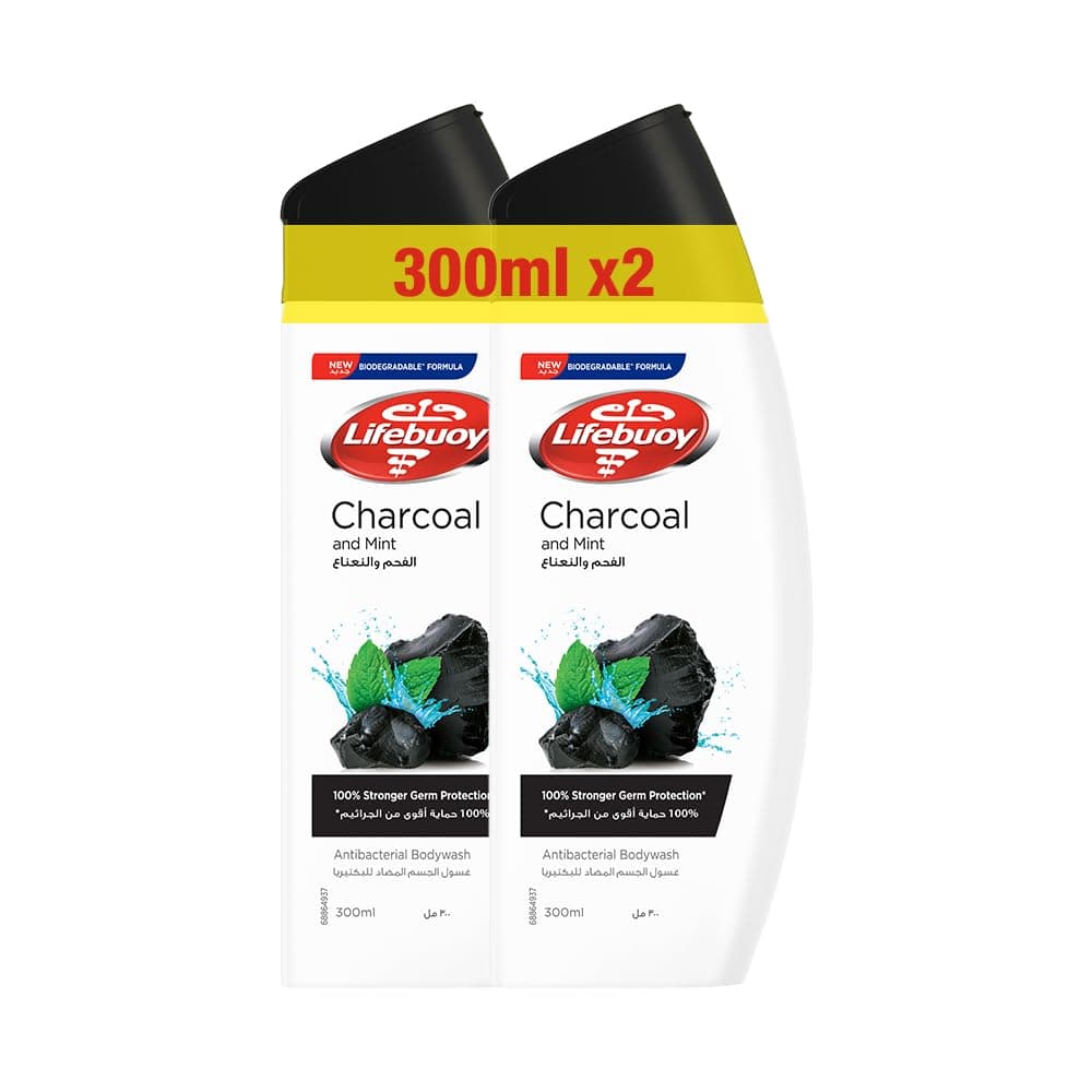 LIFEBUOY Antibacterial Body Wash, Charcoal & Mint, for 100% stronger germ protection* & hygiene, 300ml x 2