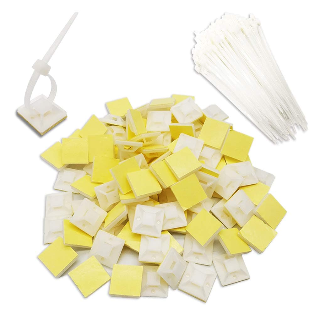 200 Pieces/100 Sets Cable Ties Adheasive Mounts,100 mm x 35 mm White Nylon Zip Tie with Self Adhesive Tie Wraps Base Holder Sticky Pads Cable Organizer for Home Office Garage and Workshop