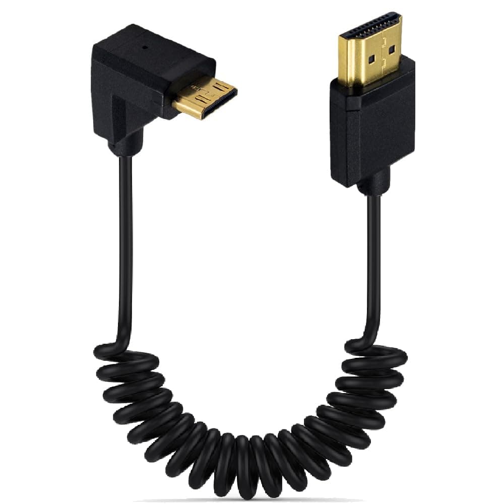 3.9 Feet Mini HDMI to HDMI 4K@60Hz Coiled Cable, Upward Angle Mini HDMI 2.0 Male to HDMI 2.0 Male High Definition Adapter Converter Spiral Spring Cord, 18Gbps High Speed