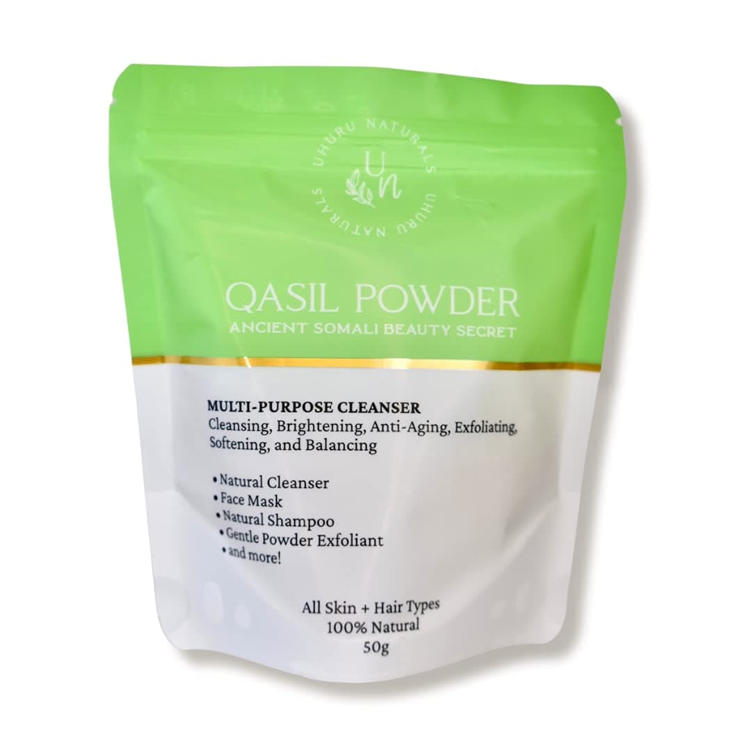 Uhuru Naturals Qasil Powder 50 Grams – Ancient Somali Beauty Secret, Gentle Deep Cleansing Facial Mask for Beautiful Glowing Skin. Reduces Dark Marks and Scars. Brightens. Detoxifies.